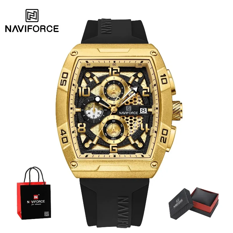 Package Gifts NAVIFORCE Fashion Men’s Large Casual Male Wrist Watch Multi-function PU Waterproof Clock Gold Quartz Watches