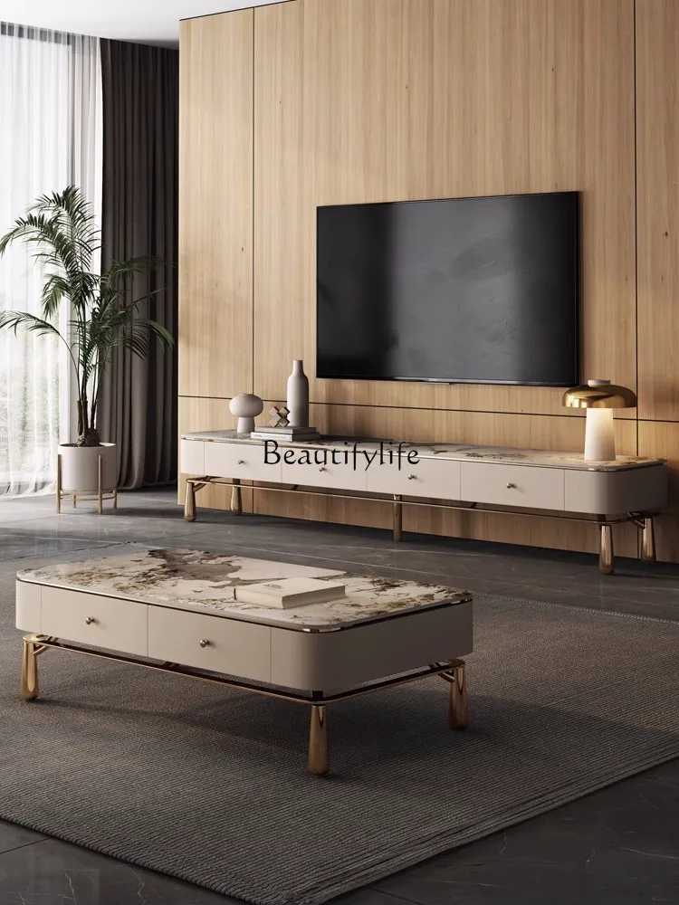 

Light luxury rock slab TV cabinet coffee table combination modern simple small apartment living room household floor cabinet