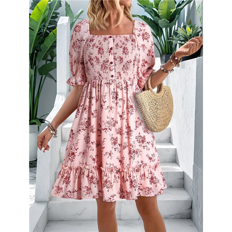 ABP-Vestiti estivi casual da donna Manica corta Collo quadrato Smocked Boho Floral Sundress Flowy A-Line Mini abito