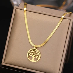 Stainless Steel Necklaces Snake Herringbone Blade Chain Trend Gothic Vintage Fortune Tree Pendants Necklace For Women Jewelry