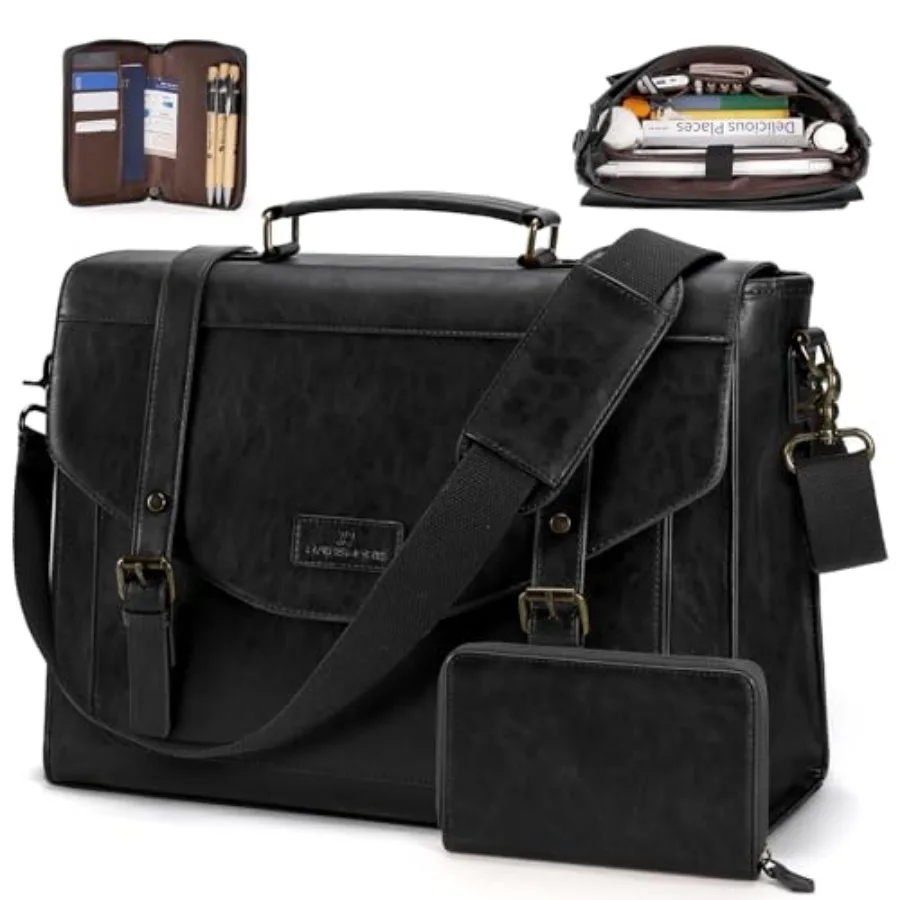 Flap Messenger Bag for Men Vintage PU Leather Laptop Bag 15.6 Inch Retro Briefcase with Wallet Satchel Computer Bag