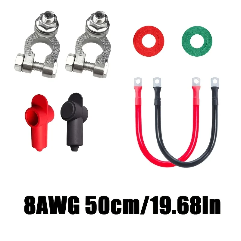 

1 Pair Battery Terminal Connectors 8AWG50cm Cables 12V-24V Positive Negative Top Post Clamps with Insulated Covers for Car Truck
