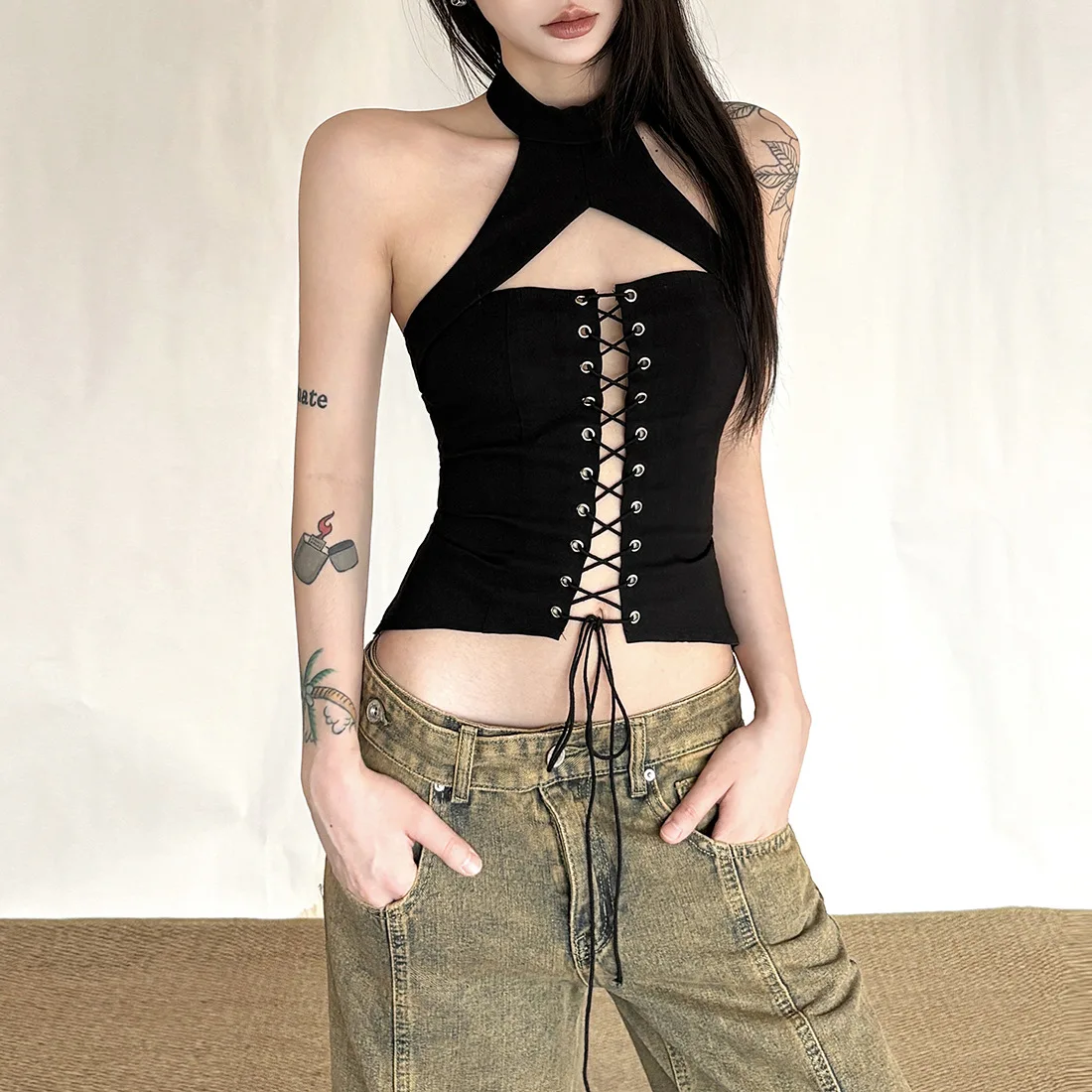 Backless Skinny Crop Top Mall Gothic Hollow Out Halter Tops Sexy Bandage Off Shoulder Tanks Vest Women Punk Streetwear