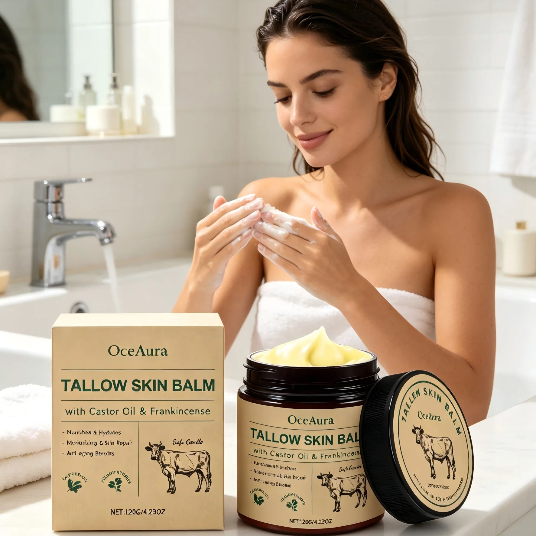 Bálsamo de Sebo OceAura Antienvejecimiento, Repara la Barrera Cutánea, Suaviza, Aceite de Ricino, Crema Facial Hidratante con Sebo de Res y Frankincienso, 120g