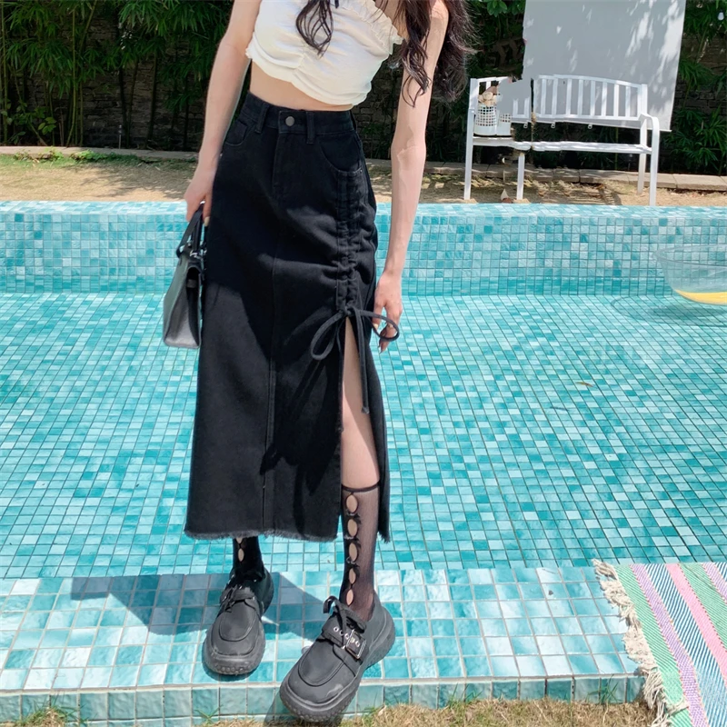 New 2023 Gothic Black Saias Jeans Women Ruched Split Long Denim Skirts Fashion High Waist Jeans Skirt Summer Casual Streetwear