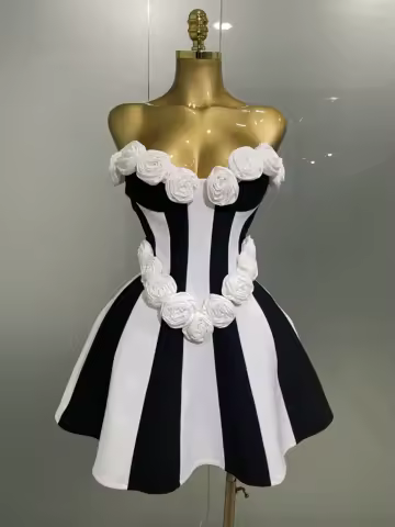 2025New Women Flower Decoration Strapless Black White Stripe Bandage Short Dress Cocktail Party Elegant Evening Club Party Dress