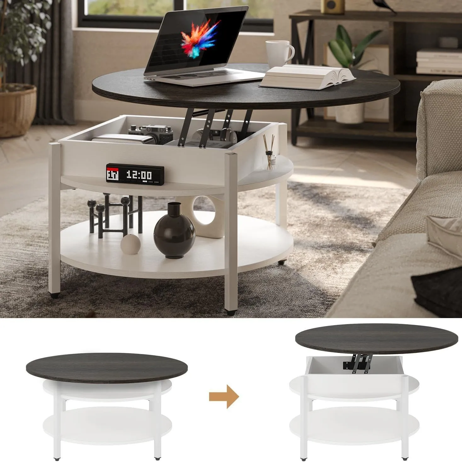 

Cross-border hot-selling round lifting top coffee table with storage round table living room reception room, round coffee table