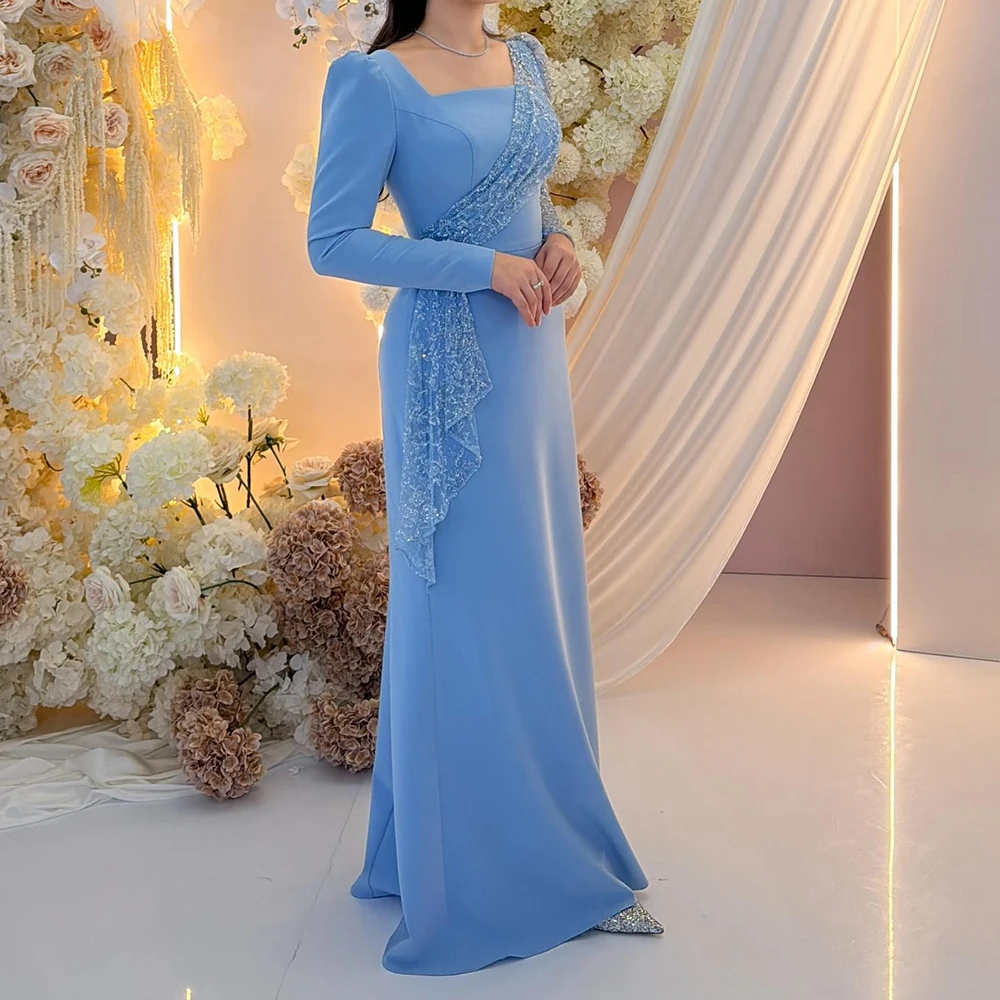 

Customized A-line Evening Dresses Floor-length Square Collar Full Sleeve Prom Gown Fashion Lace Sequined Draped Party Gown