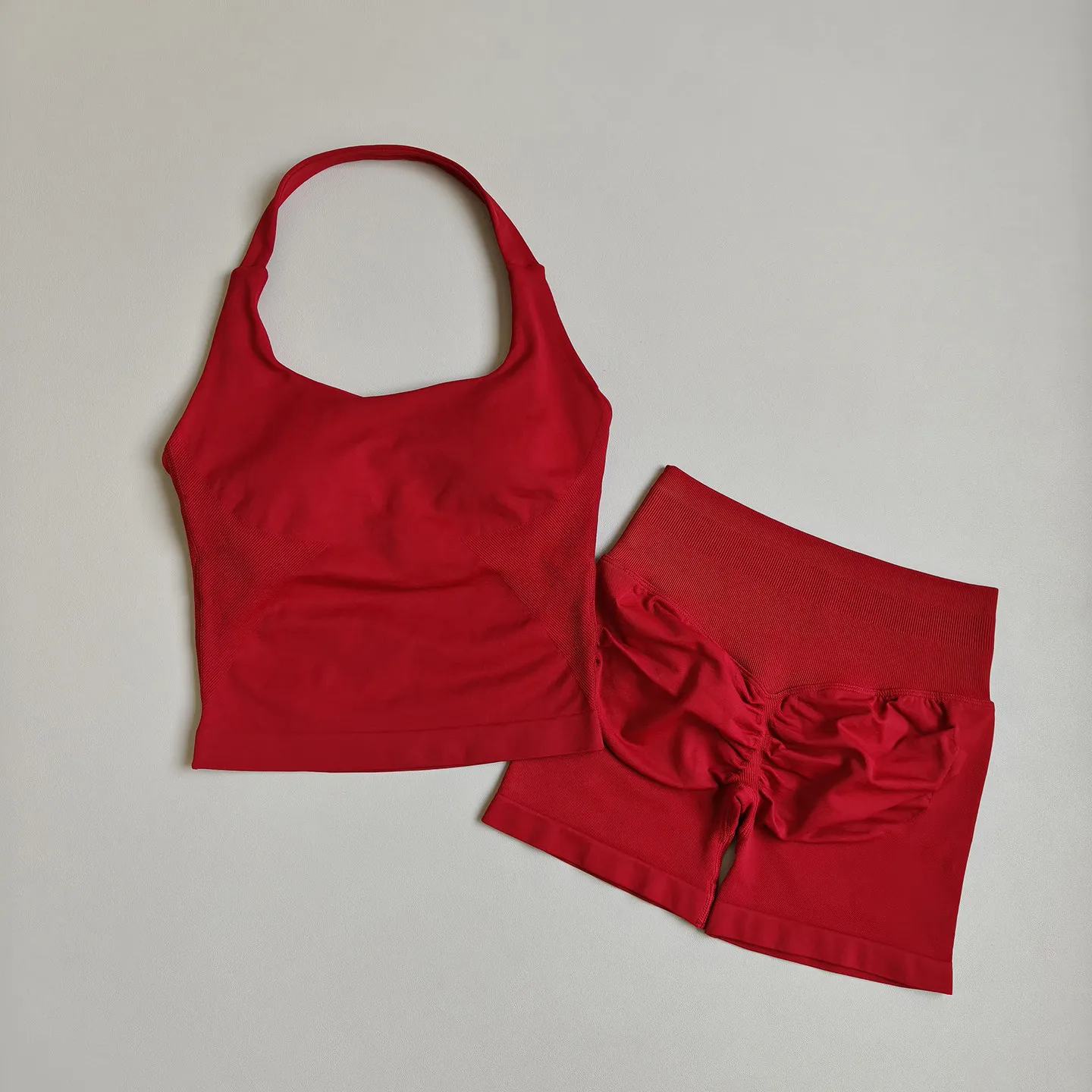 2-teiliges Damen-Sportset, Rückenfreies Neckholder-Top, Hochgeschnittene Nahtlose Dehnbare BHs, Shorts-Anzug, Fitness-Set, Workout-Bekleidung – Detail 15