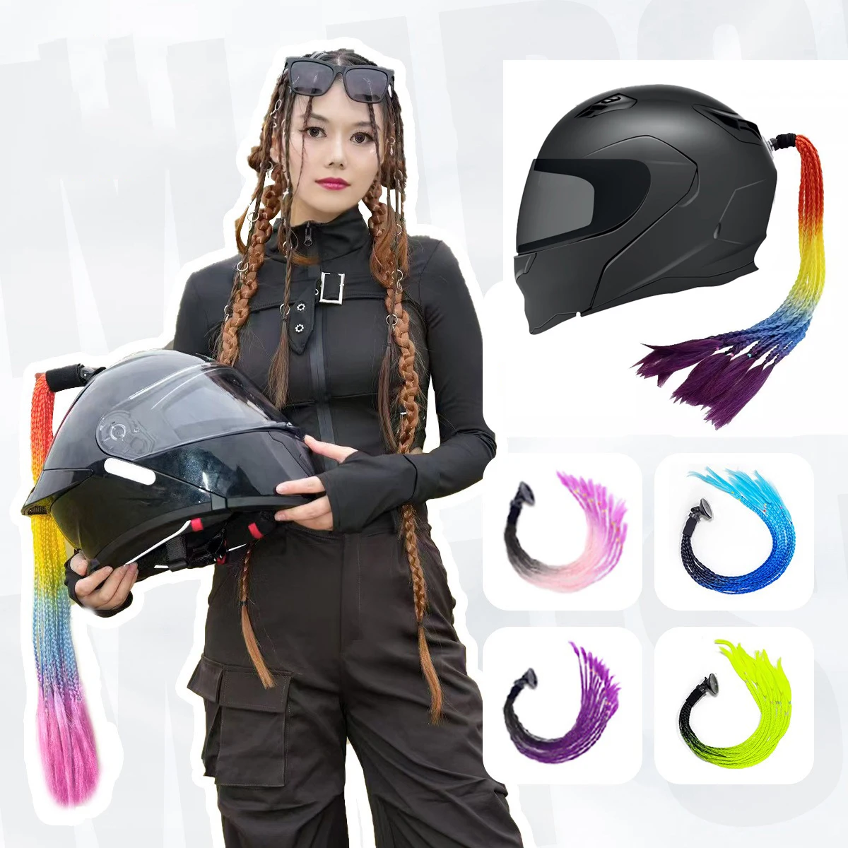 خوذة دراجة نارية اكسسوارات الديكور اللون التدرج القذرة جديلة خوذة شعر مستعار انفصال مصاصة الملاكمة جديلة ذيل حصان شعر مستعار