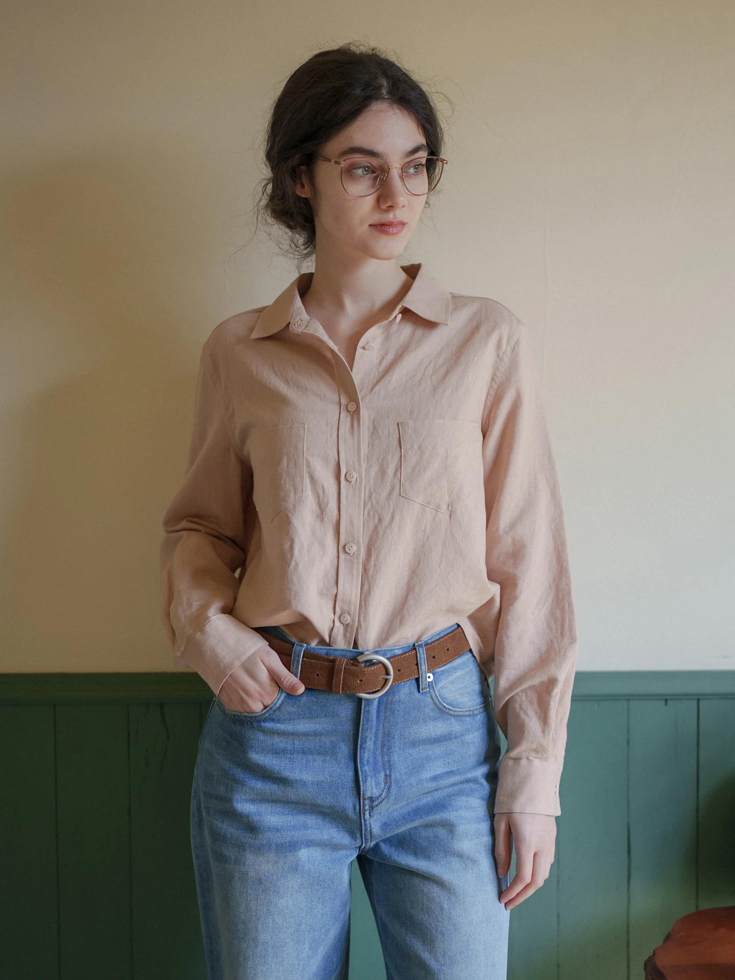 

Classic MarchNoon Shirt Loose Linen Cotton Pocket Versatile Slimming Top Coat French Style Loose Fit Long Sleeve Button up