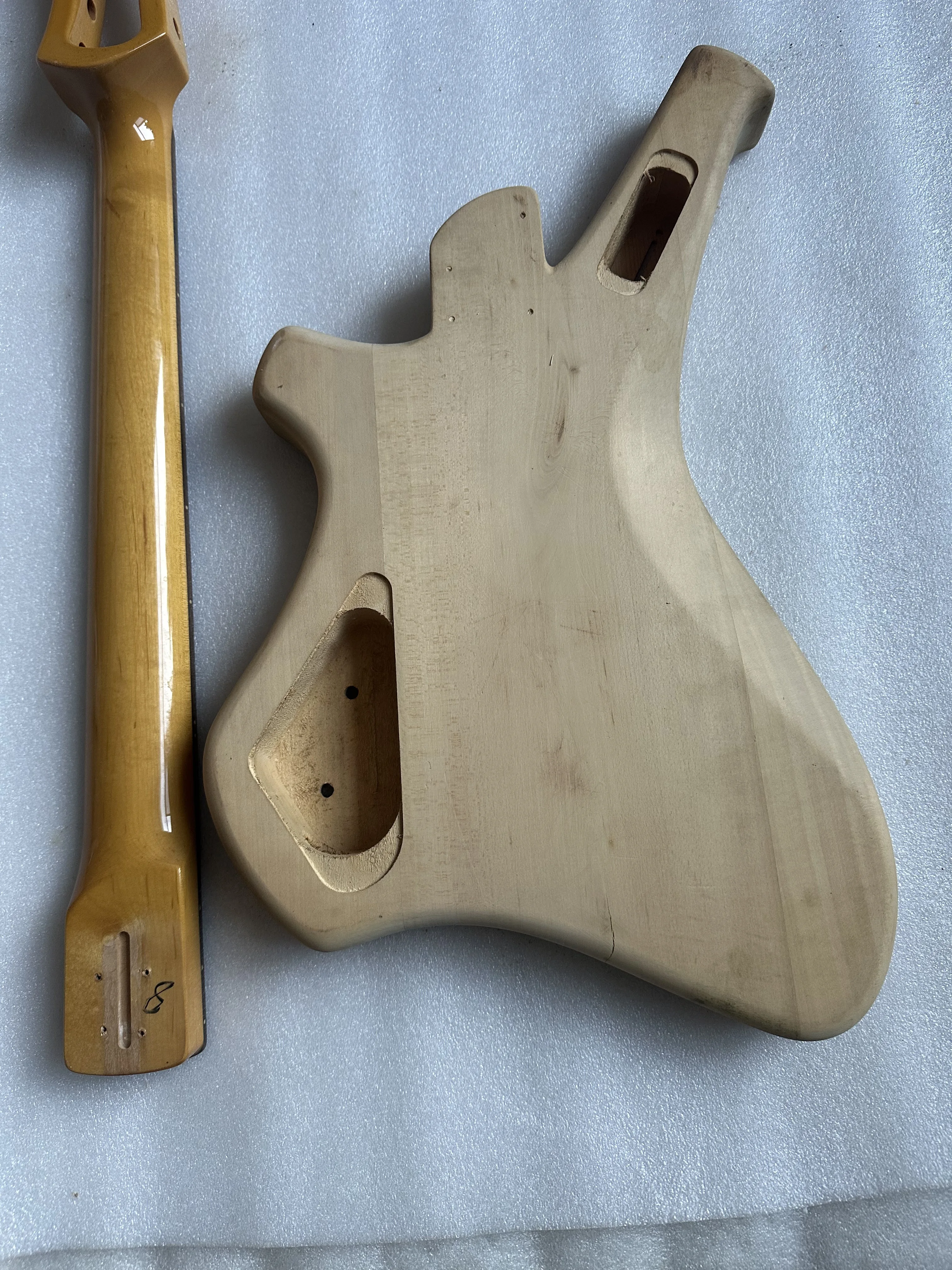 Unfinished DIY Electric Guitar,Fretless Maple Neck and Body Customized,Special Shape Guitar Parts Need Cut Only, 1 Set