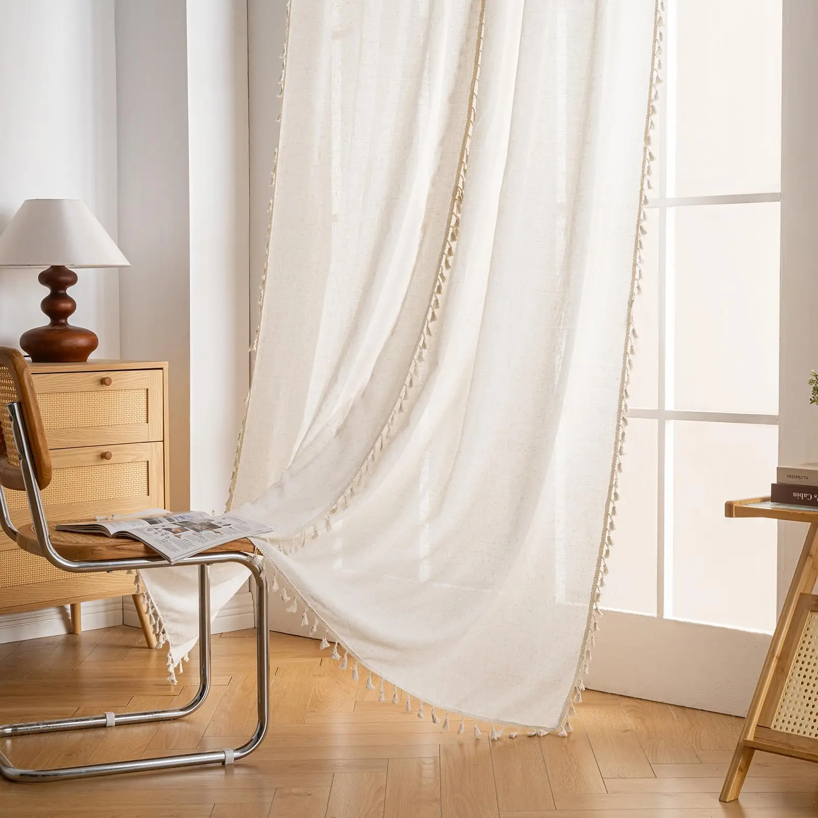 Neue japanische beige Vorhänge mit Quaste, Boho-Leinenvorhänge, 83,2 cm lang, 1 Panel, Stangentasche, Bauernhaus-Vorhang für Wohnzimmer