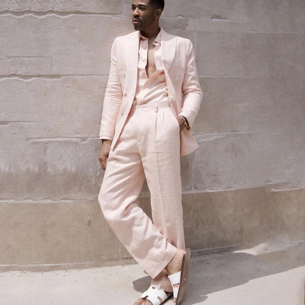 

Pink Men's Chic Linen Suits 2 Piece Set Casual Blazer with Pants Double Breasted Peaked Lapel Summer Wedding Guest Resort Wear