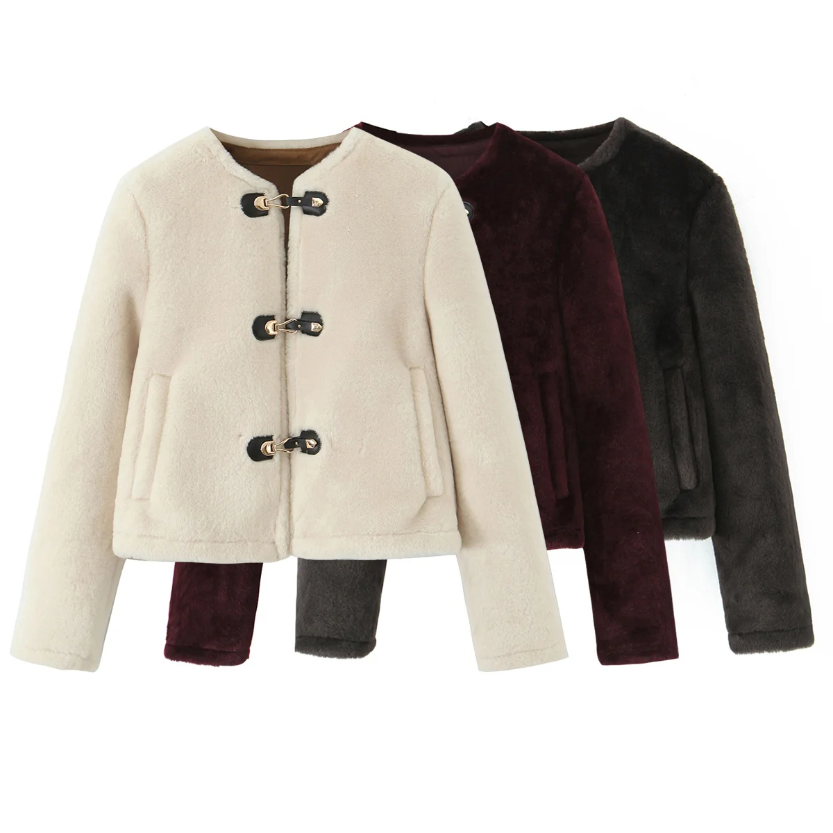 

DiYiG WOMAN 2025 Autumn New Fashion Faux Fur Effect Knot Button Jacket Retro Long Sleeve All-match Crewneck Jacket Outerwear