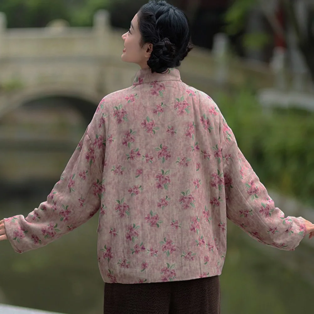 Jaqueta feminina forrada de lã flor casual retrô sapo botão estilo country chinês algodão linho casaco curto outwear com bolsos