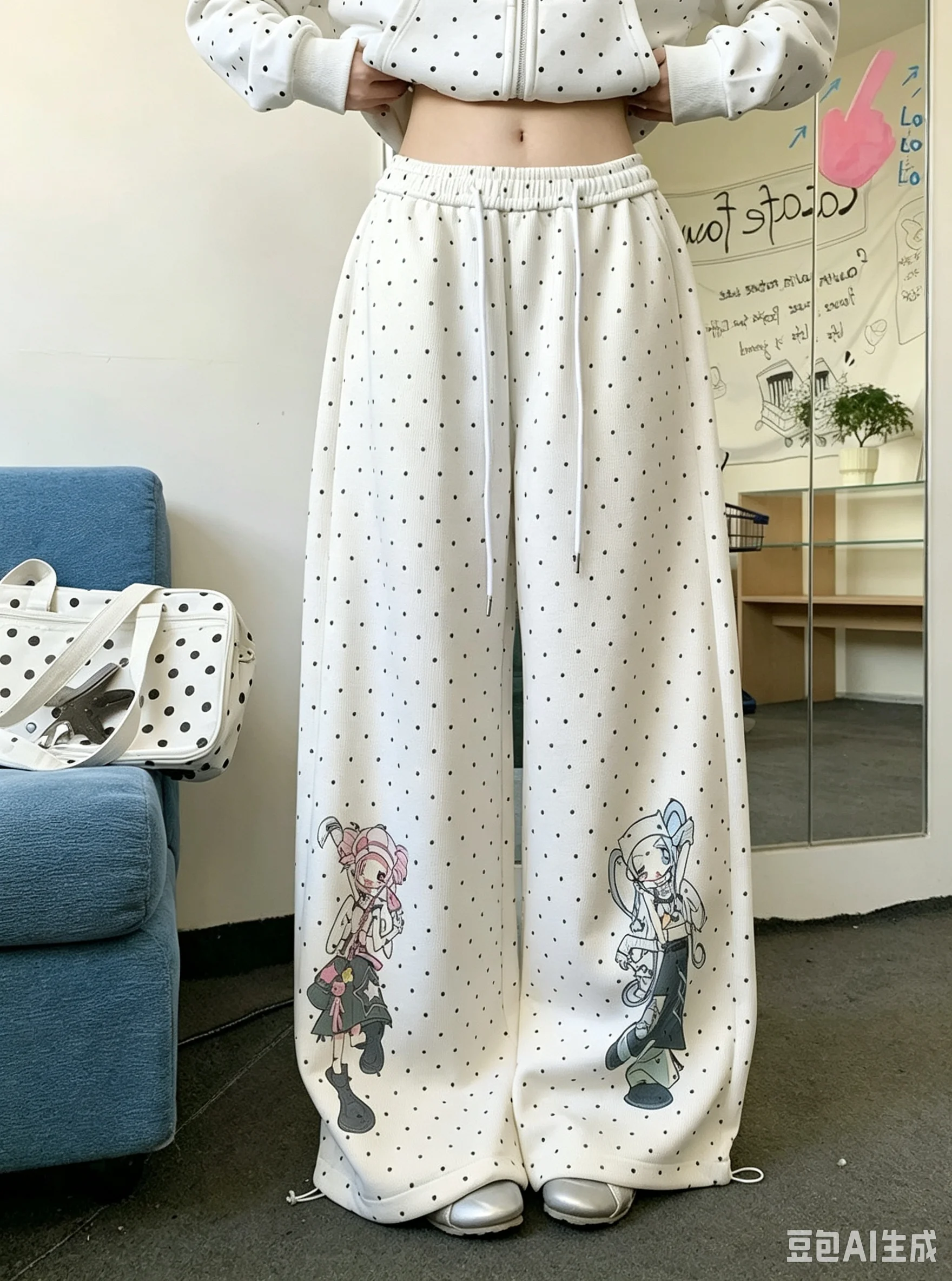 Sweet Harajuku Kawaii Polka Dot Wide Leg Sweatpants Anime Girl Graphic Print Elastic Waist Loose Aesthetic Casual Y2K Trousers