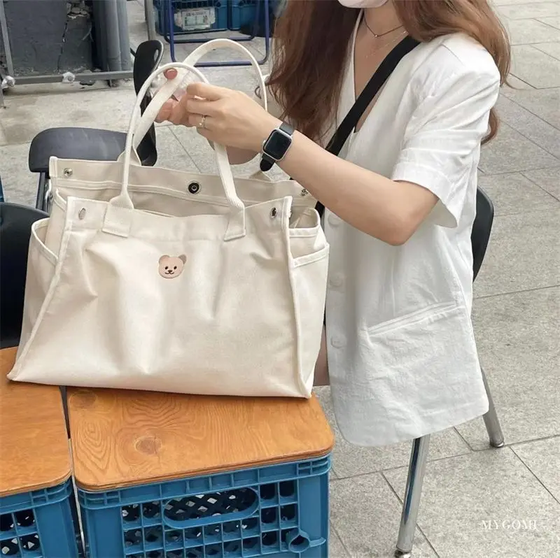 

Korean Teddy Bear Canvas Tote Bag for Outdoor Fashion Simple and Versatile Large Capacity Women's Bag