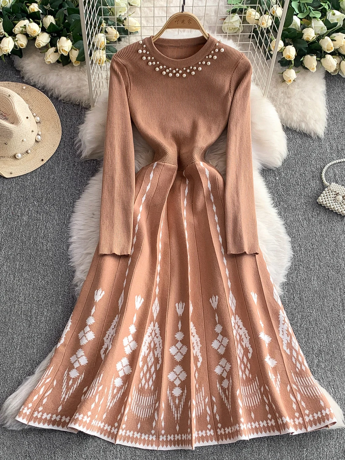 Ele Gestrickter langer Dr-Damen-Winter-Taillen-Cinching-Druck-Plissee-Maxikini-Pullover Dr High Ne Korean Sle Commute