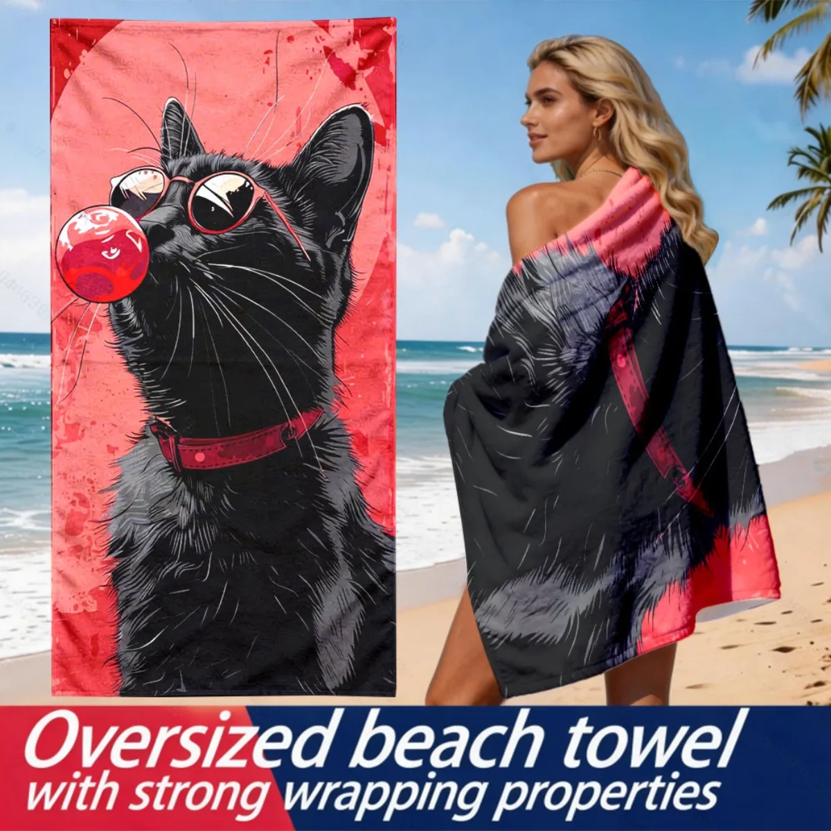 Creative and witty black cat theme polyester microfiber beach towel is highly absorbent, suitable for swimming and beach outings