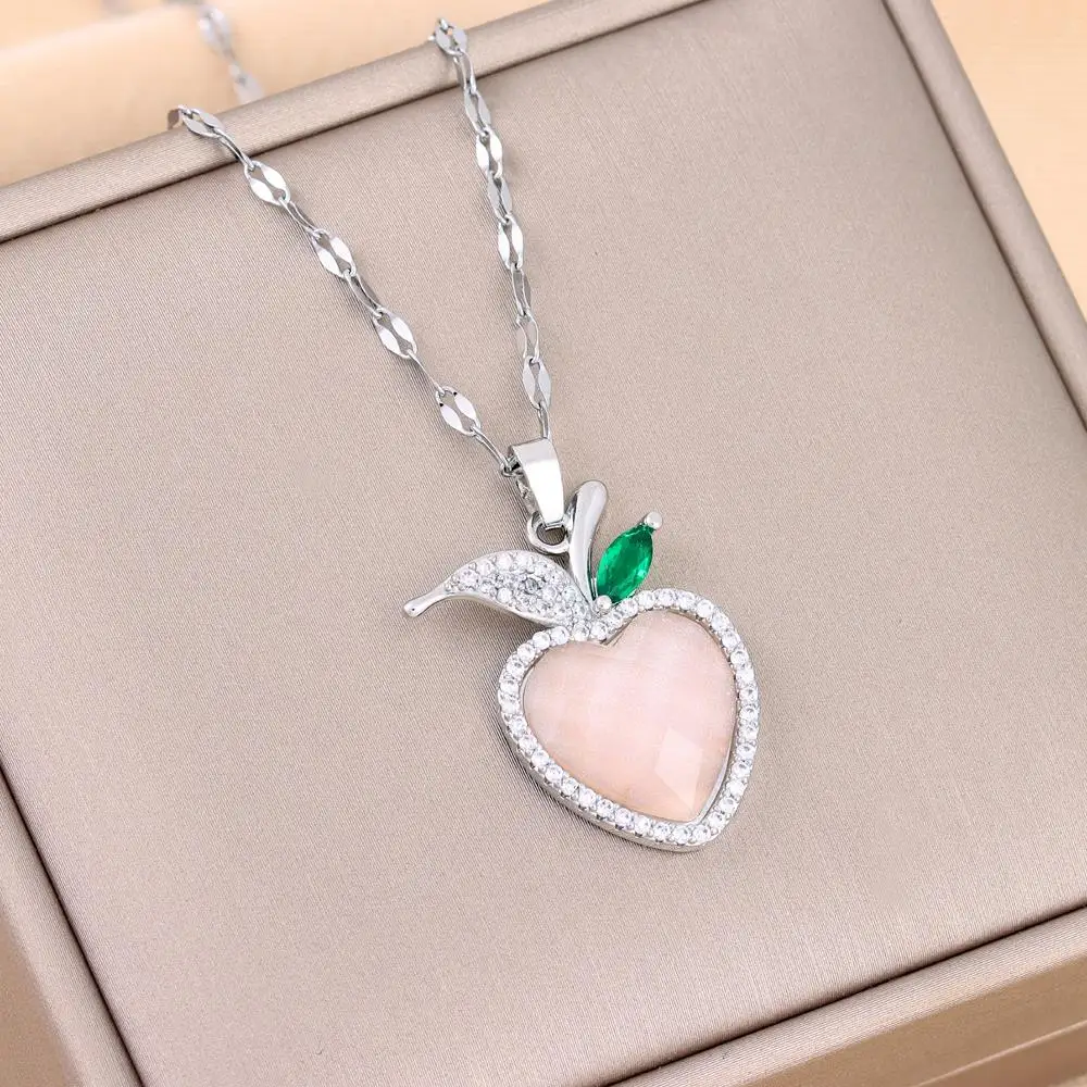 New In Sparkling Sweet Zircon Crystal Heart Apple Pendant Necklaces For Women Trendy Ladies Stainless Steel Neck Chain Jewelry