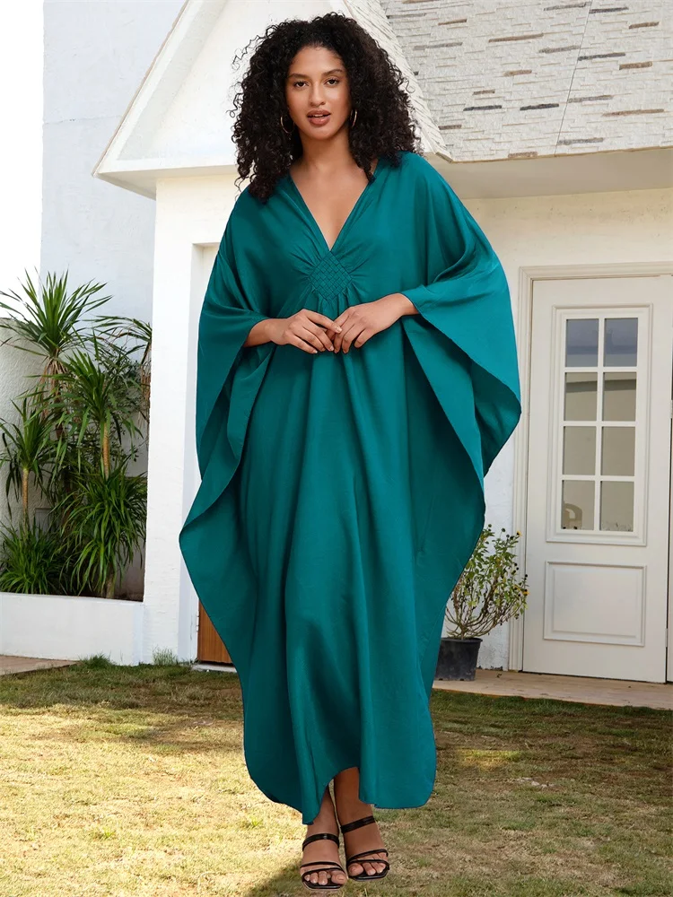 2024 Boho Solid V-neck Batwing Sleeve Loose Kaftan Beach Long Dress Women Summer Outfit Casual Beachwear Swimsuit Cover Up Q1306