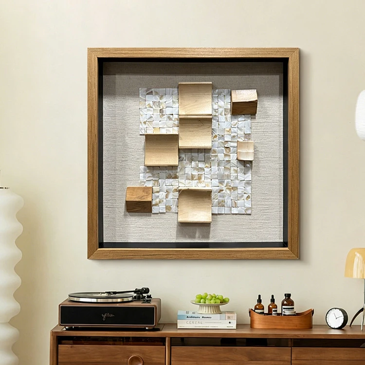 %S_ 3D Geometric Wood & Shell Wall Art Handmade Relief Shadow Box Painting for Living Room Decor