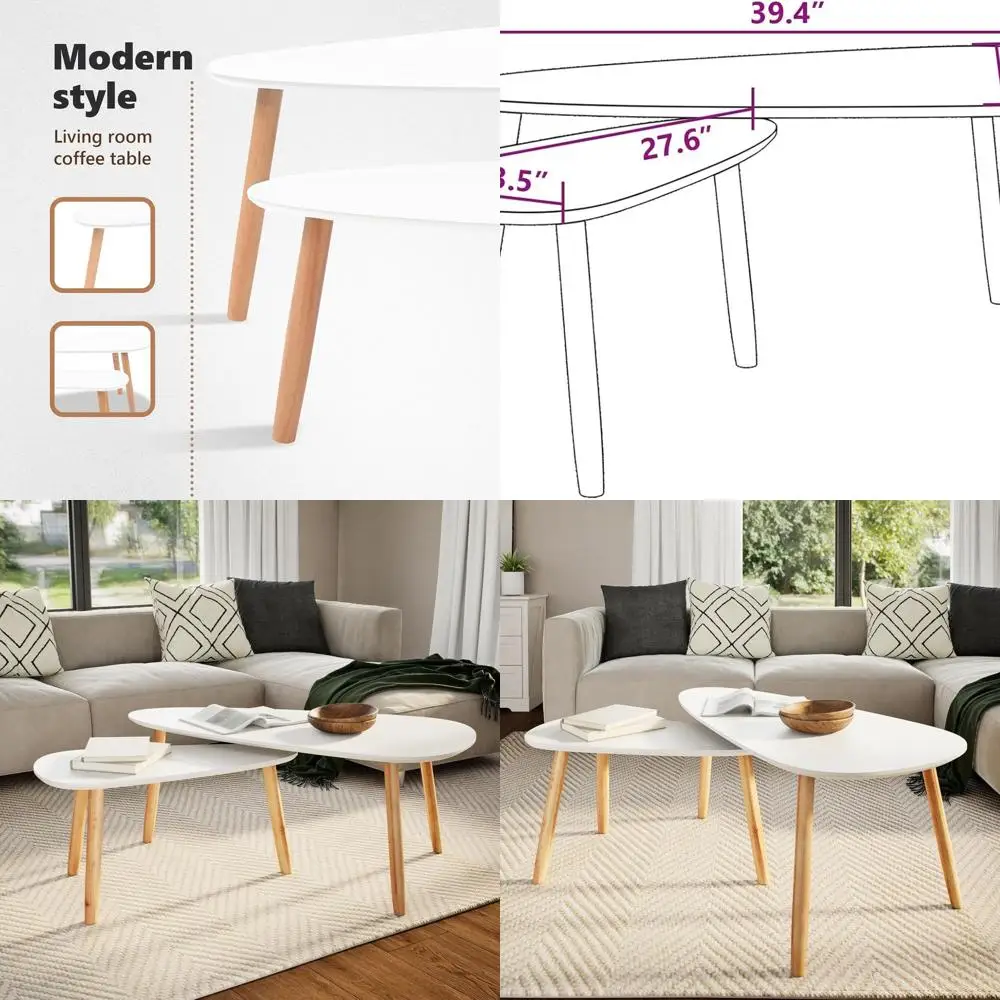 

Scandinavian White End Tables, Set of 2, Solid Pine Wood Legs, Modern Living Room Side Tables