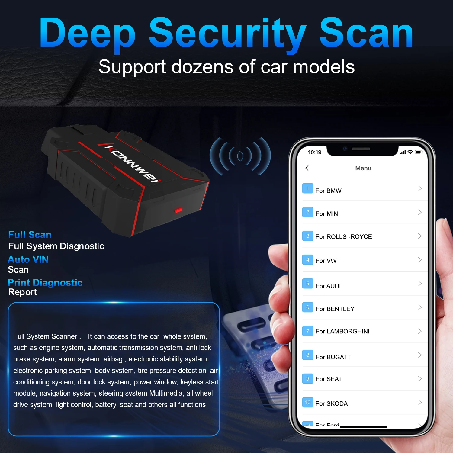 Newest KONNWEI MAXOBD Full System Scanner Blue-tooth 5.0 For Android And Ios Both With Free MAXOBD App On Mobile