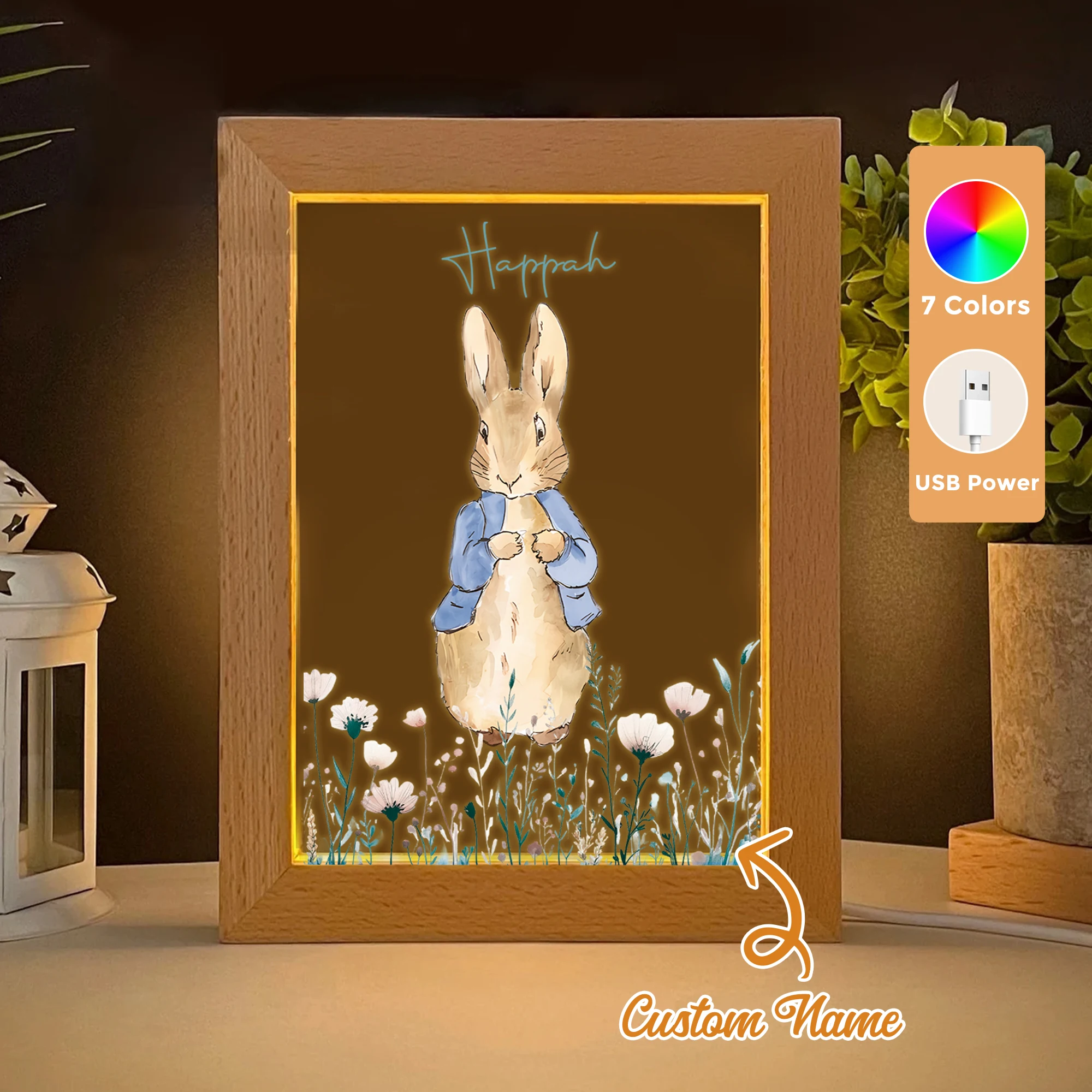 2d plana nome personalizado dos desenhos animados peter coelho led acrílico luz da noite moldura de madeira 21x17cm crianças quarto presentes decoração casa