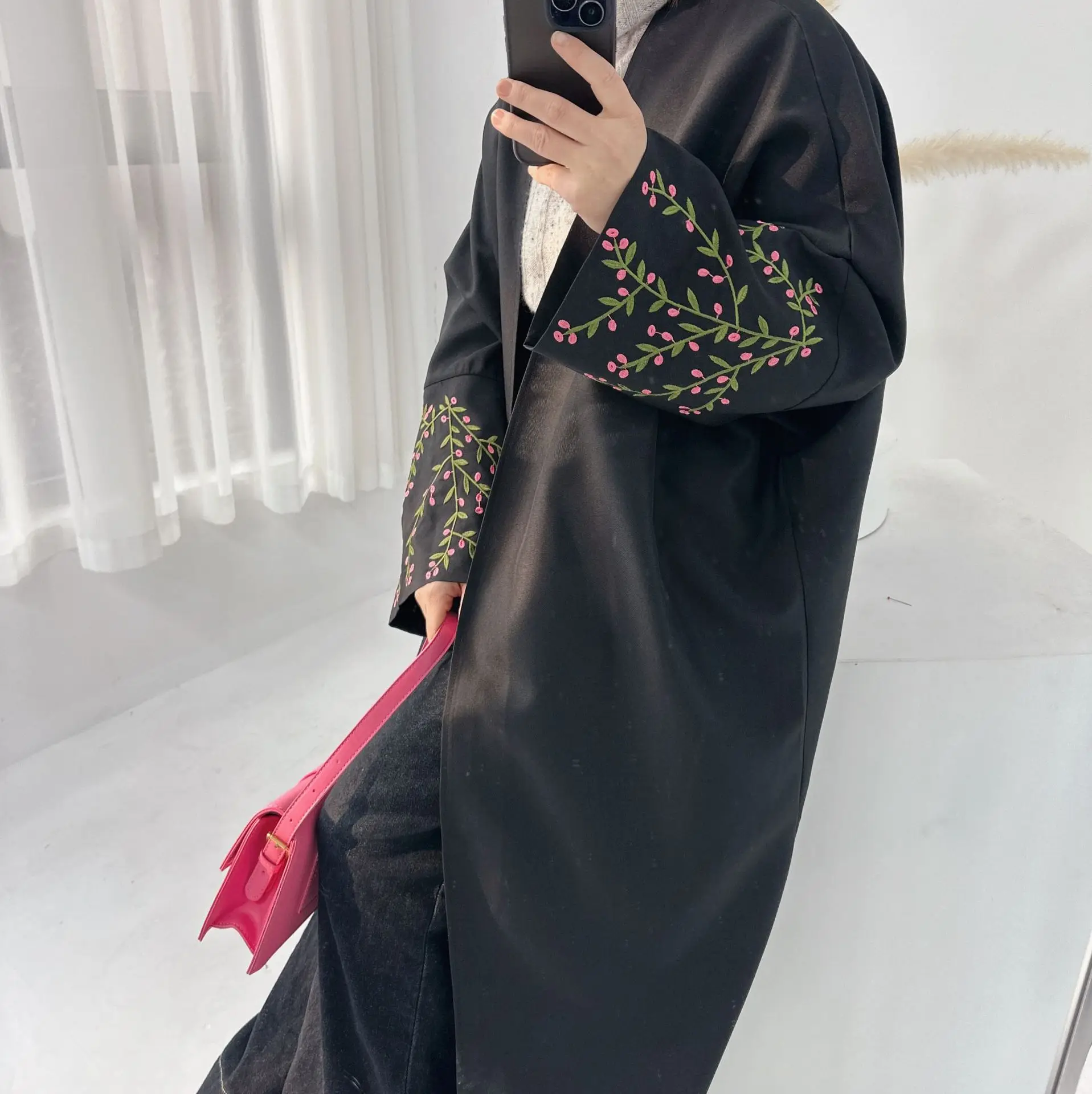 Flower Embroidery Open Abaya Elegant Eid Muslim Modest Coat for Women Islam Turkey Dress Cotton Linen Long Sleeve Clothing