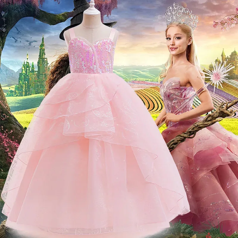 L2025l novas meninas malvado glinda cosplay traje rosa casamento princesa vestido de noite festa de halloween roupa menina celebridade charact