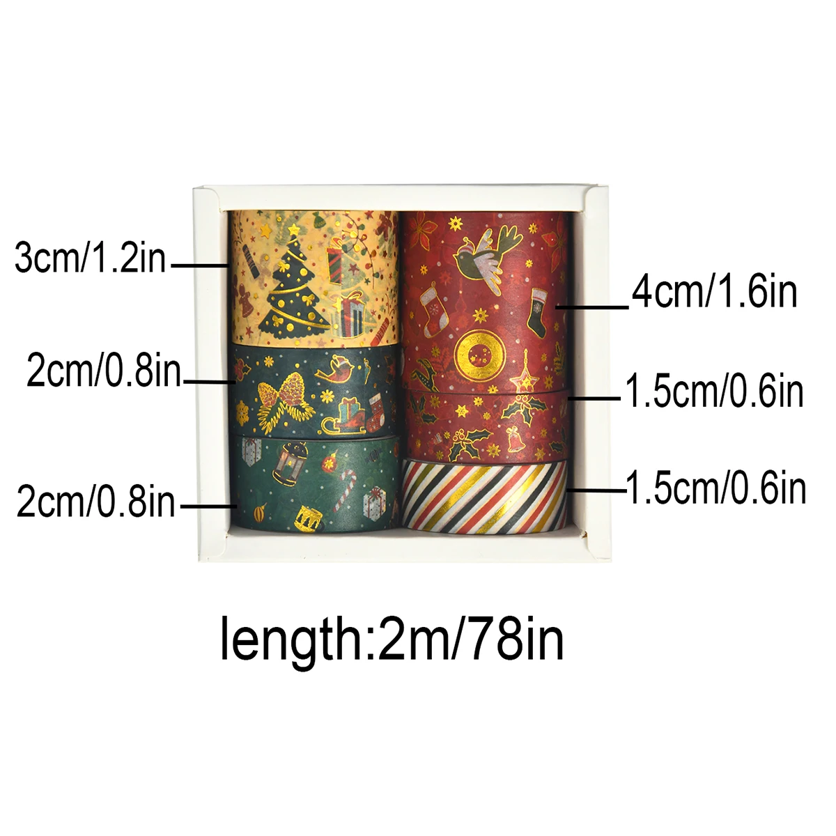 6 rolls of Christmas-themed washi tape, suitable for decorating planners, photo frames, and gift boxes, exquisite holiday gifts