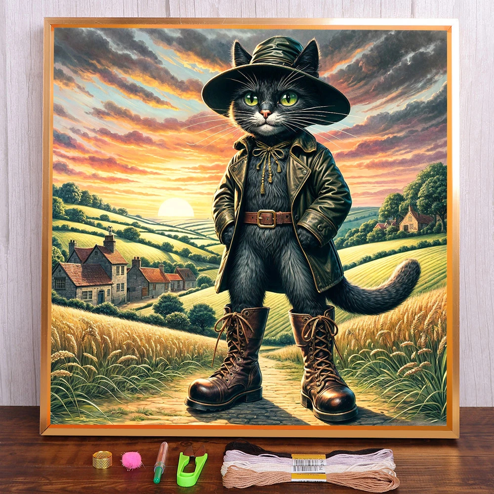 Animal Cat Pre-Printed Cross Stitch Full Kit Embroidery DMC Threads Hobby Painting Knitting Handiwork Home Decor Design Magic