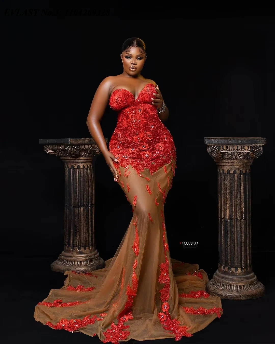 EVLAST Customized African Amazing Red Lace Mermaid Prom Dress 3D Floral Embroidered Wedding Guest Gown Aso Ebi Party Gown E3P04