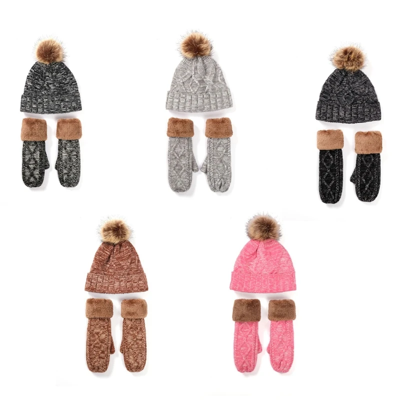 2Pcs Women Winter Cable Knit Beanie Hat with Full Finger Gloves Mittens Set Thicken Thermal Plush Lined Dropshipping