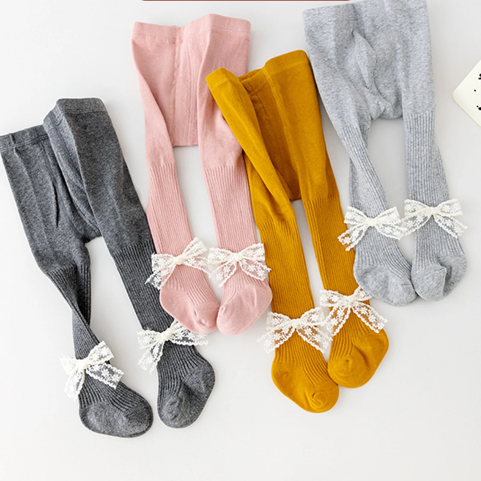 Baby Girl Leggings Soft Stretchy Cotton Footed Tights Pantyhose Toddler Stockings with Lace Bows