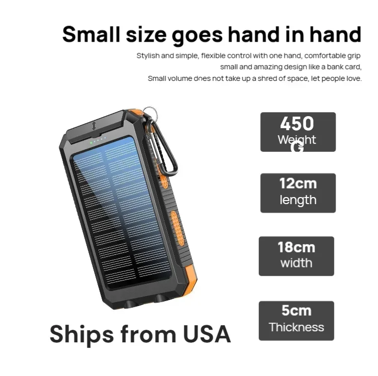 

Солнечный внешний аккумулятор емкостью 10000 мАч — быстрая зарядка, двойной USB, фонарик, компас и карабин | Водонепроницаемый противоударный для улицы