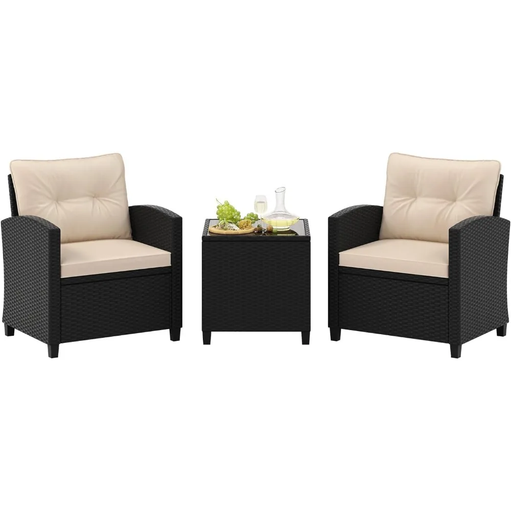 

3-piece terrace furniture set, rattan conversation set, with soft seat and backrest cushion, tempered glass coffee table