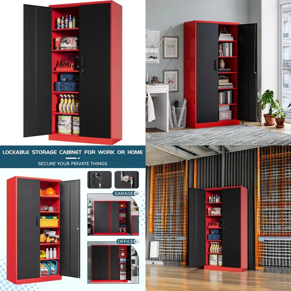 Gabinete alto de almacenamiento de acero con 5 estantes, puertas con cerradura para una organización segura de despensa de garaje