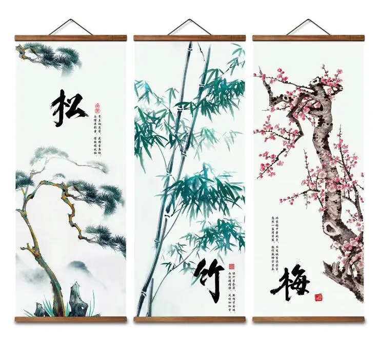 MT4013 Chinese Style Pine Bamboo Plum Decorative Wall Art Posters Solid Wood Scroll Paintings