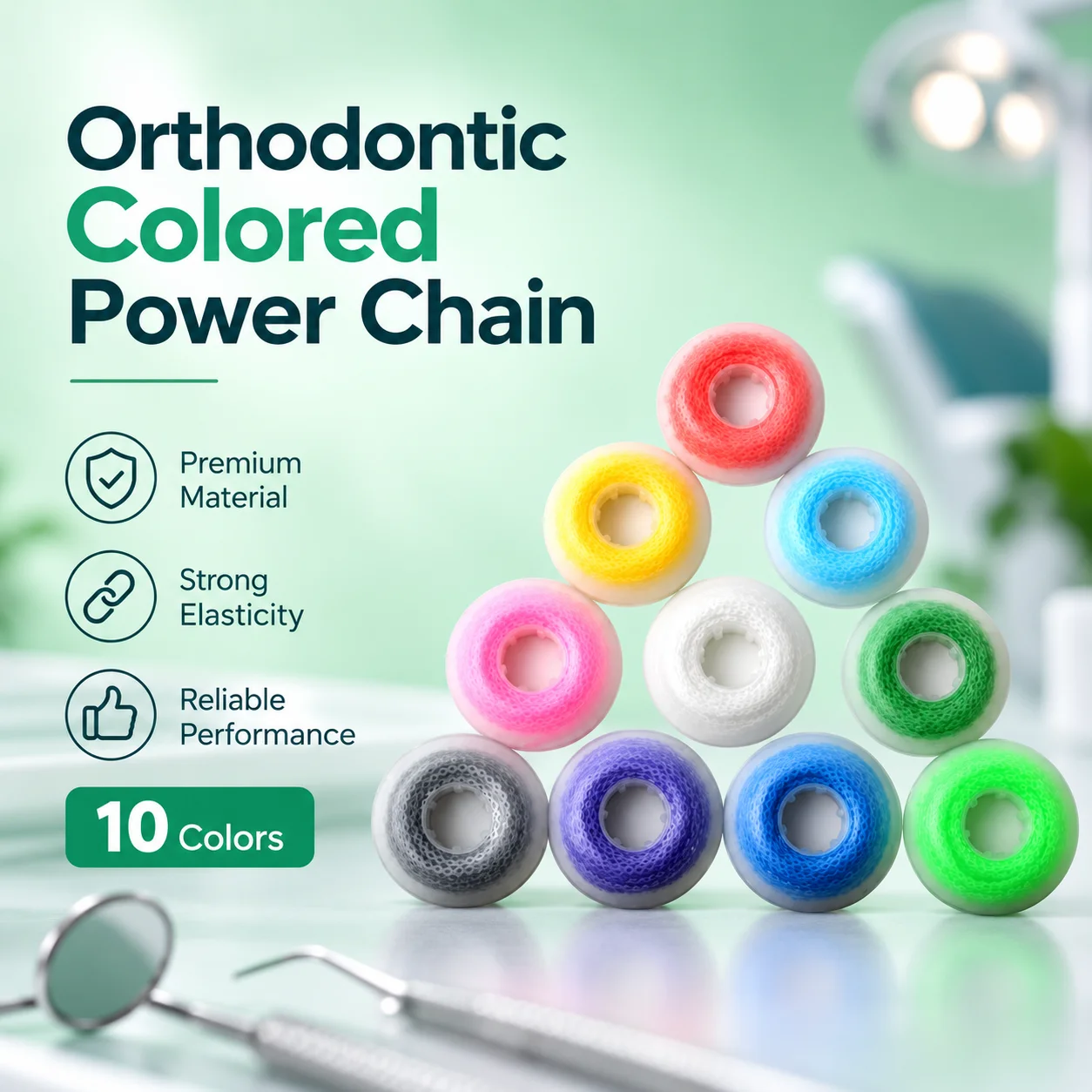 Colored High Elastic Orthodontic Power Chain Short & Long Continuous Dental Elastic Chains for Teeth Straightening Dental Braces