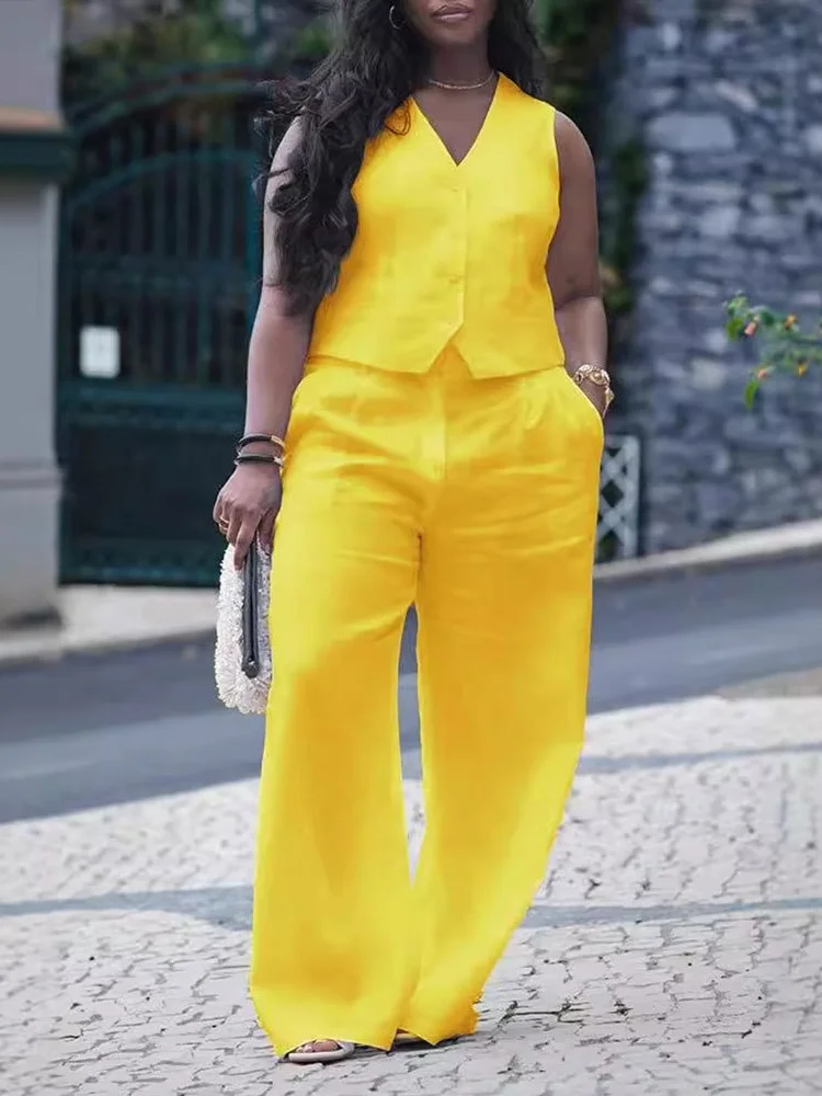 

Женский однотонный жилет Sister Star с v-образным вырезом и короткими рукавами, широкие брюки, комплект для рабочего места, облегающий комплект для отдыха на острове