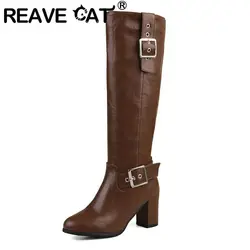 REAVE CAT marka damskie buty do kolan okrągłe Toe obcasy blokowe 7.5cm 50 51 52 Daily Knight Bota