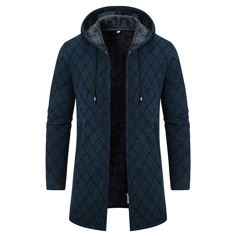 Homens longo cardigan com capuz camisola de malha casaco 2024 inverno quente grosso xadrez bordado zip velo forrado jaqueta longa roupas dos homens