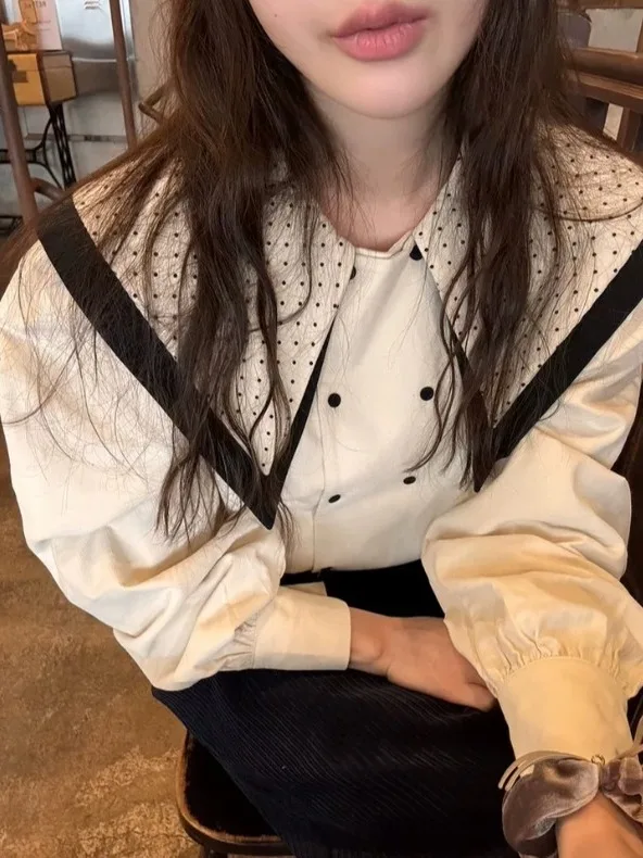 

Spring New Style Women's Shirt Korean Sweet Polka Dot Double Button Collar Fashionable Long Sleeve Cotton Bubble Sleeve Top