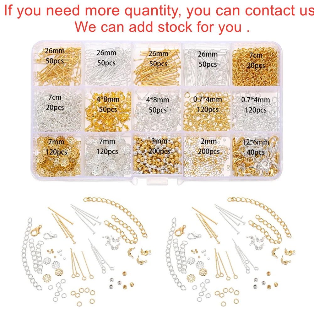 1260Pcs/Box Lobster Clasp Jump Rings Connector Clasp Crimp End Beads Bead Cap Extension Chain Kit DIY Jewelry Making Accessories