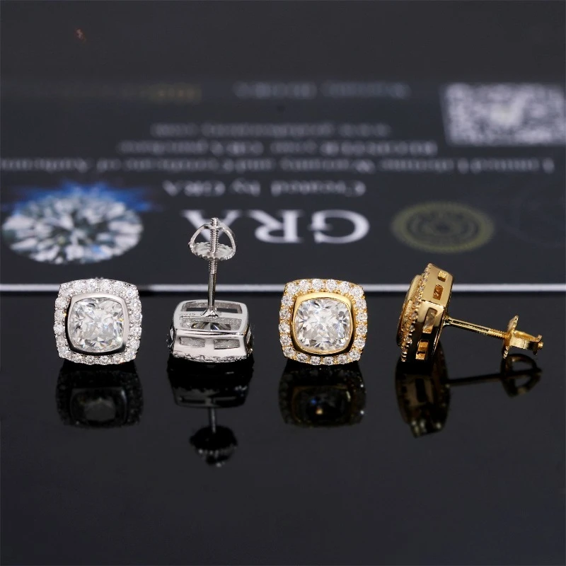 

2cttw D Color Moissanite Cushion Stud Earrings S925 Silver Hypoallergenic Hiphop Square Ear Studs Screw Back Women Men Gift