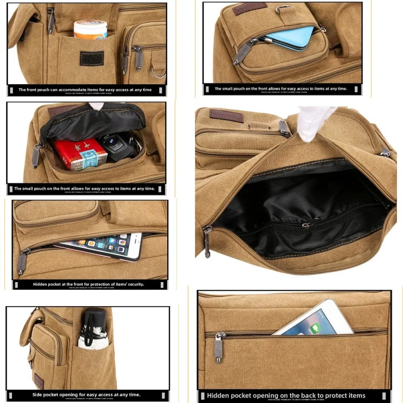 Men's Crossbody Bag Vintage Canvas Adjustable Straps Multiple Zipper Pockets Durable Outdoor Hiking Shoulder Pack