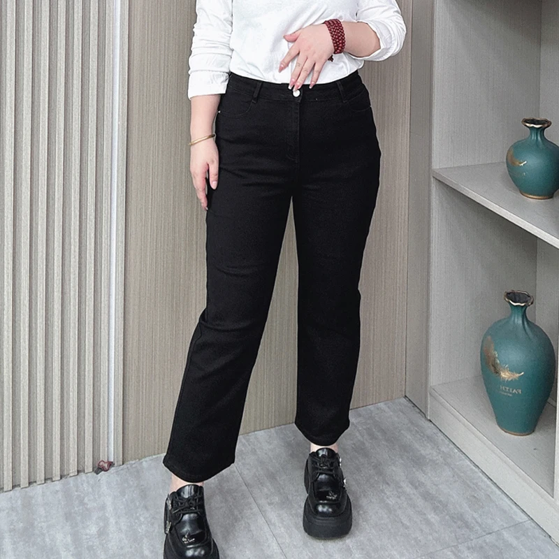 

Women's Black Straight Leg Jeans, High Waist, Slim, Casual, Stretched Cigarette Pants, Female, Plus Size, Spring, Autumn